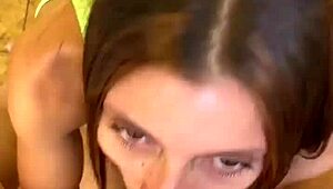 brunette teen kneels for pov blowjob cum swallow