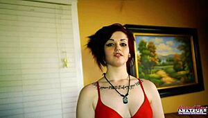 Inked busty coed marcie deepthroats then bends for wild tattooed pussy pound