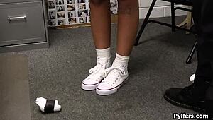 Latina suspect squirts on mall security guard's cock in hidden office spy cam!