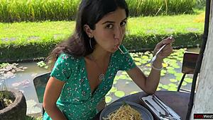 Cum dripping down her face while eating pasta in public cafe feels so dirty