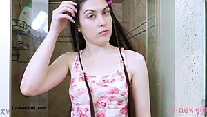 Cute Brunette with Long Hair Enjoys Steamy Shower Session