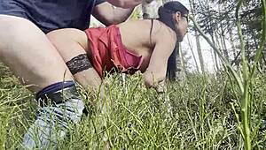 daddy sneaks public forest fuck with tight housewife