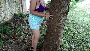 horny stepmom fingers her ass alone and rubs pussy on tree in forest 🌳🍑💦