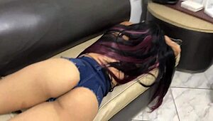 irresistible stepdaughter's huge ass fills out those sexy jean shorts on the living room furniture