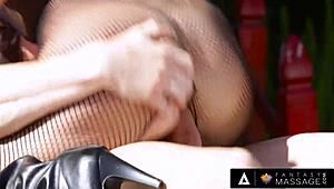 fantasy massage has horny milf india summer sucking cock in glory hole fishnets!