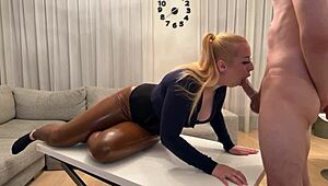 oily big tittied blonde teen in latex pants gives sloppy condom blowjob 😜👄🍆