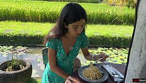 Cum dripping down her face while eating pasta in public cafe feels so dirty