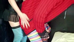 boyfriend takes strapon up ass while stroking his cock