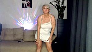 Aimee the hot milf slut wife flashes her shaved big pussy lips while masturbating with dildo and screaming