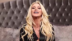 busty blonde brittany andrews teases her curves before fingering wet pussy in lingerie heels