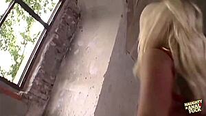 Big ass blonde sandy flaunts curves before threesome double pounding