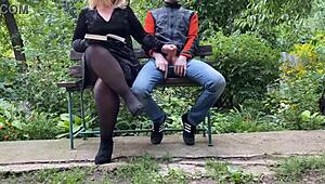 curvy stepmom in pantyhose heels flashes legs outdoors handjob hairy bbw pussy public flashing dirty roleplay not son satisfaction!