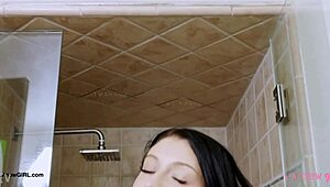 brunette fashion model strips and showers in steamy casting session