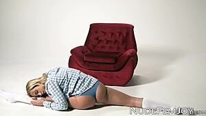 little cutie teases her shaved tight pussy rubbing nude with piercing panties aside