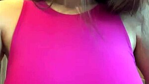 stepmother pulls down top to suck her own big milky natural tits hungrily 