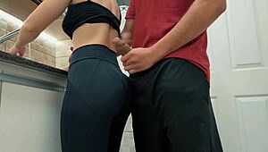 White maid's big ass filled with cum during kitchen workout free use fetish!