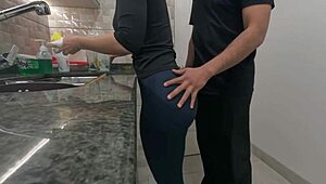 White maid's big ass filled with cum during kitchen workout free use fetish!
