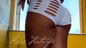 Naughty wife flaunts tight shorts to gym buddy outdoors