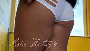 Naughty wife flaunts tight shorts to gym buddy outdoors