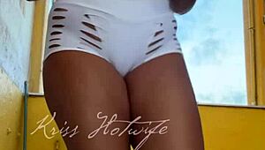 Naughty wife flaunts tight shorts to gym buddy outdoors