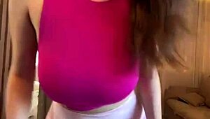 stepmother pulls down top to suck her own big milky natural tits hungrily 