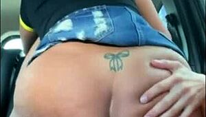 road trip slut sits bareback on cock mid-drive