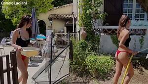 two cute brunettes wash bikes then dive into each other's pussies outdoors