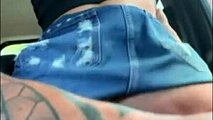 road trip slut sits bareback on cock mid-drive