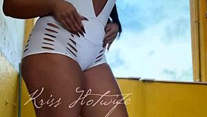 Naughty wife flaunts tight shorts to gym buddy outdoors