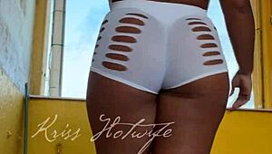 Naughty wife flaunts tight shorts to gym buddy outdoors