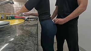 White maid's big ass filled with cum during kitchen workout free use fetish!