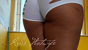 Naughty wife flaunts tight shorts to gym buddy outdoors