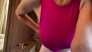 stepmother pulls down top to suck her own big milky natural tits hungrily 