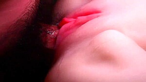 close-up double penetration with shaved fuck doll pussy and ass around cock