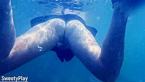 swimming underwater after creampie cum fills her fat chubby milf pussy at the pool