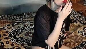 stepsis puffing cigs with no panties flashing her asian pussy 😈💨