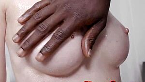 Green-eyed 22-year-old blonde babe oils up and takes 12-inch BBC deep in tight ass after cunni