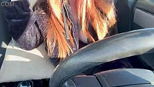 italian artemisia love flashes big tits and hard nipples in solo car ride