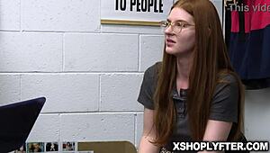 i uh like totally flirted with security guard billy boston to escape shoplifting charge now redhead teen jane rogers sucks his monster cock at work