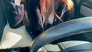 italian artemisia love flashes big tits and hard nipples in solo car ride