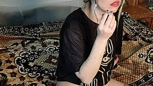 stepsis puffing cigs with no panties flashing her asian pussy 😈💨