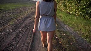 girl struts outside lifting skirt for secret ass peek