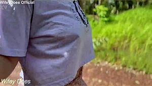 the wifey sneaks braless flashing her huge tits everywhere in public outdoors