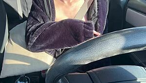 italian artemisia love flashes big tits and hard nipples in solo car ride