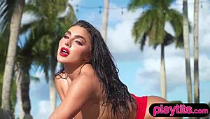 Stunning big-ass beauty strips naked by pool to reveal petite figure