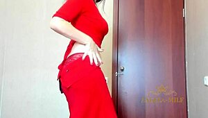 Stunning Russian MILF Angela shakes massive ass in red panties dancing seductively for teen fan