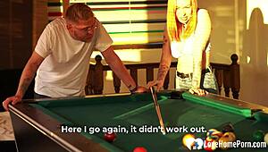 sexy ginger couple breaks billiard rules with deepthroat doggystyle desk sex