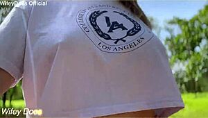 the wifey sneaks braless flashing her huge tits everywhere in public outdoors