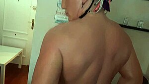 Muscular Oiled Bodybuilder Flexes Huge Tits Ass and Big Clit