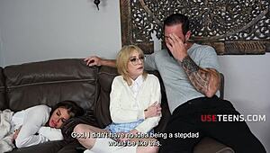 cute glasses nerd stepdaughter fucks stepdad obediently to distract him